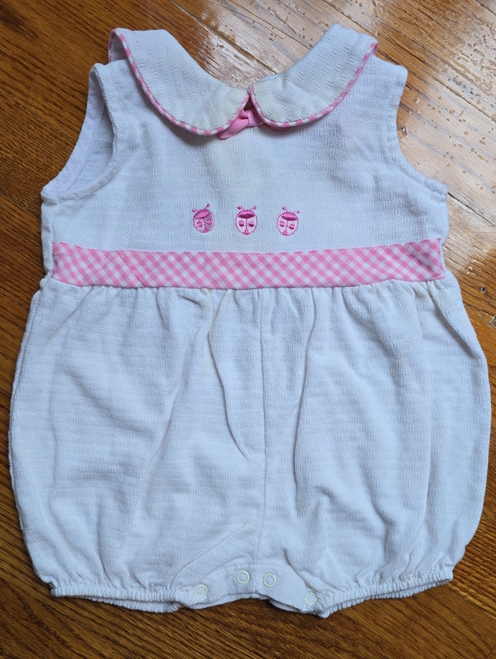 White & Pink Baby Girl Sleeveless Bubble Romper with Gingham Waist Vintage